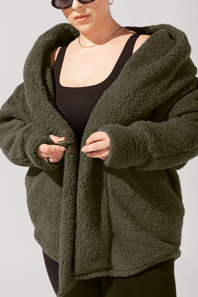 Faux Sherpa Cocoon Coat - Olive - Image 4