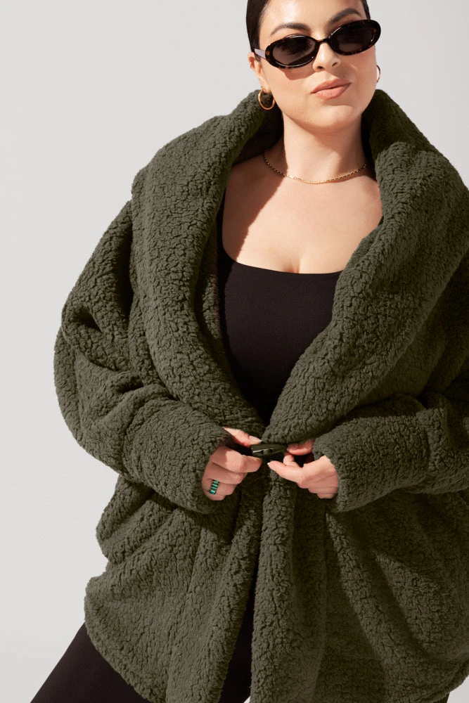 Faux Sherpa Cocoon Coat - Olive - Image 5