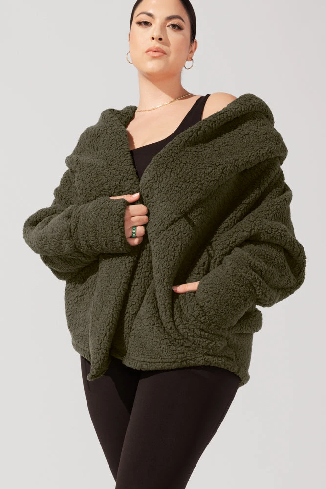 Faux Sherpa Cocoon Coat - Olive - Image 6
