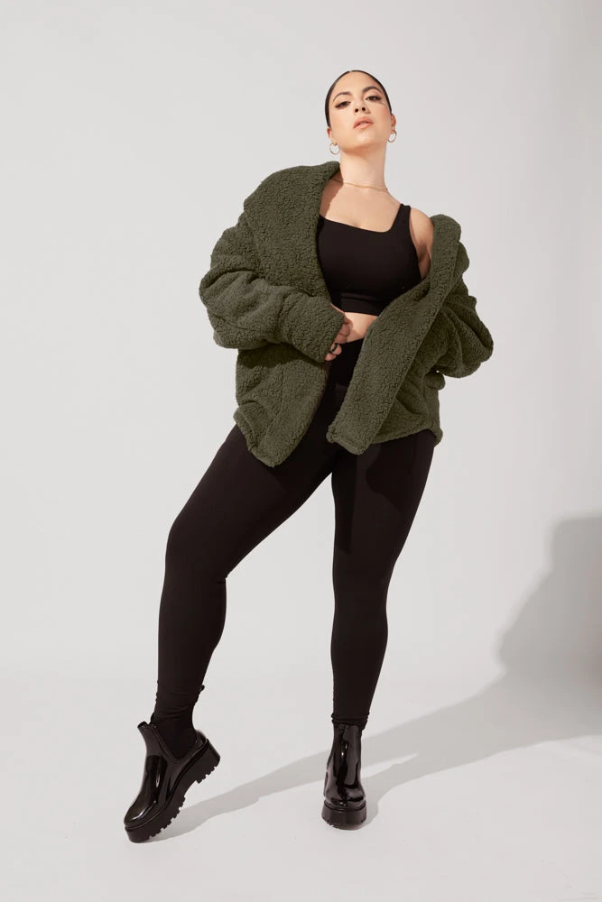 Faux Sherpa Cocoon Coat - Olive - Image 7